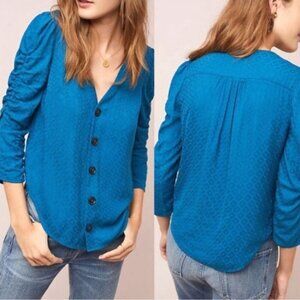 Anthropologie‎ Maeve Blue Rayon Long Puff Sleeve Button Front Top